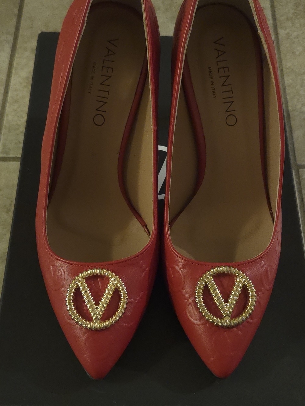 Valentino Red Pointed Leather Heels with Gold Monogram